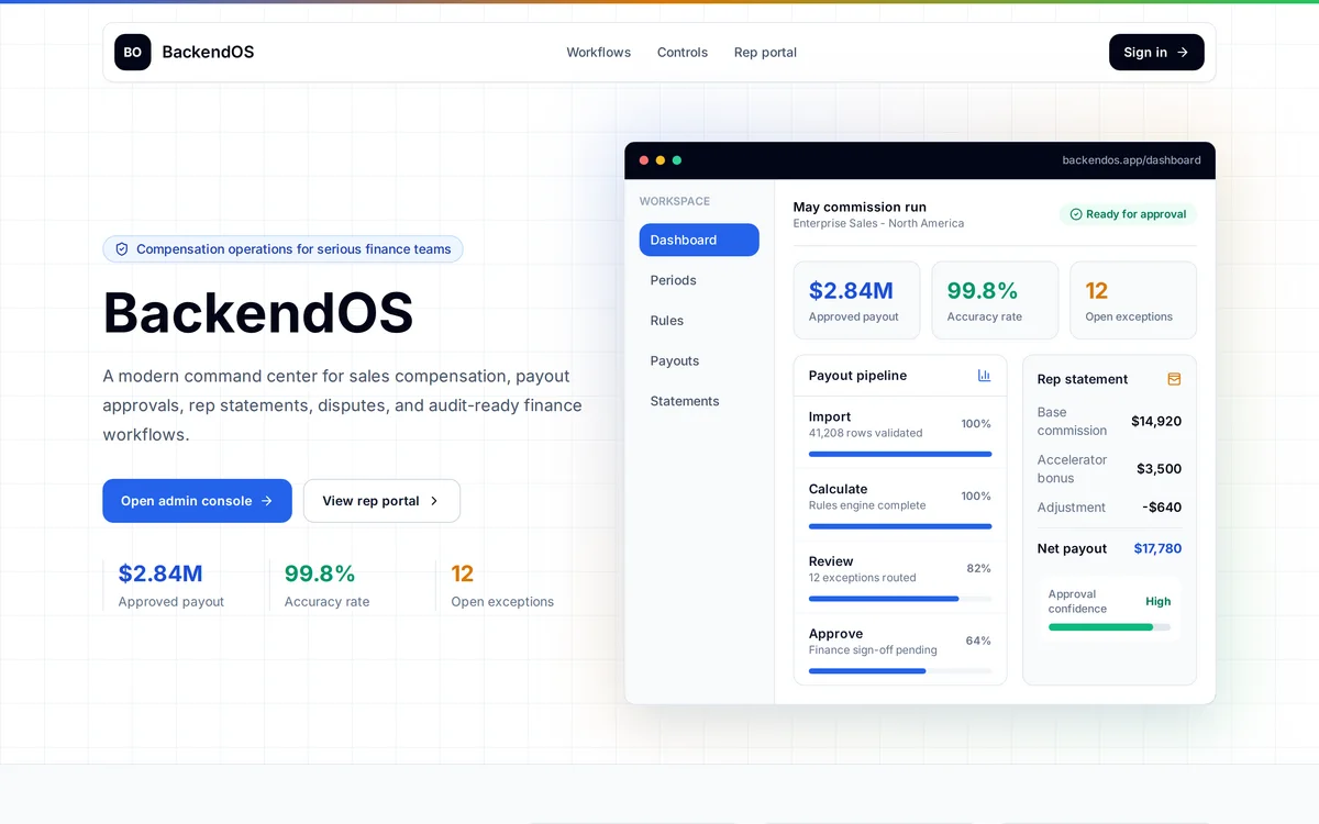 BackendOS commission-run dashboard with payout pipeline and rep statement