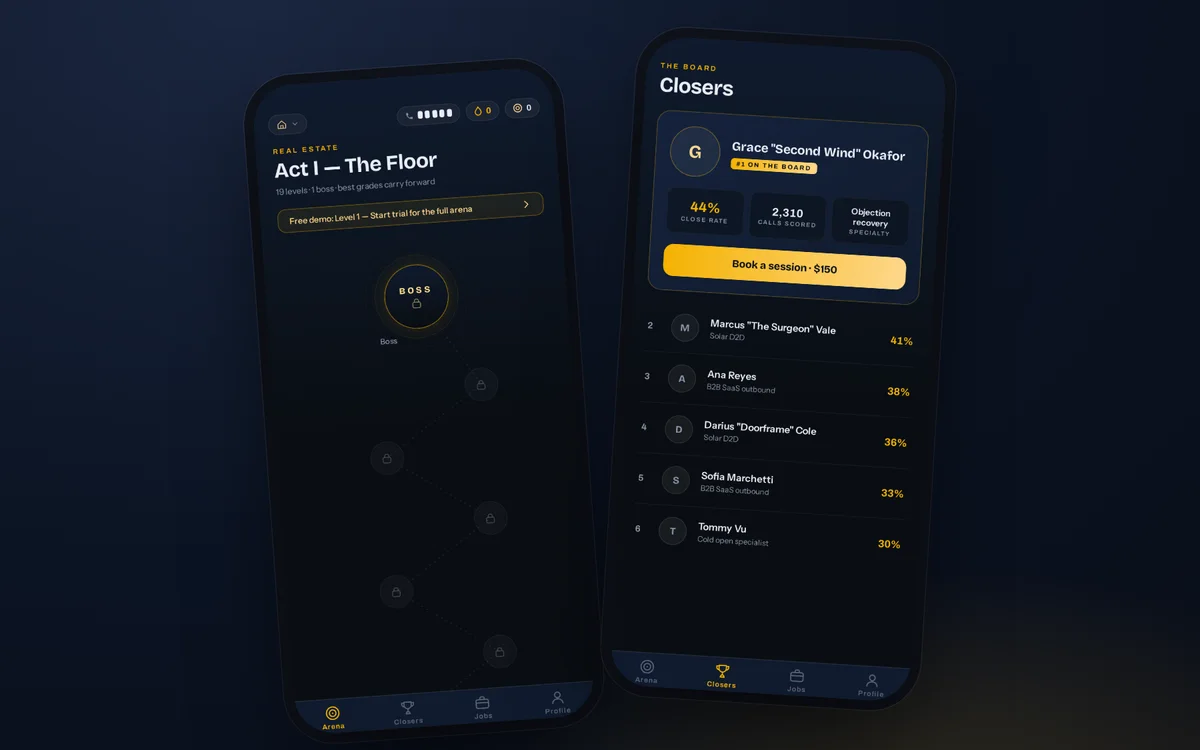 Coachly arena level map and closers leaderboard on two iPhones