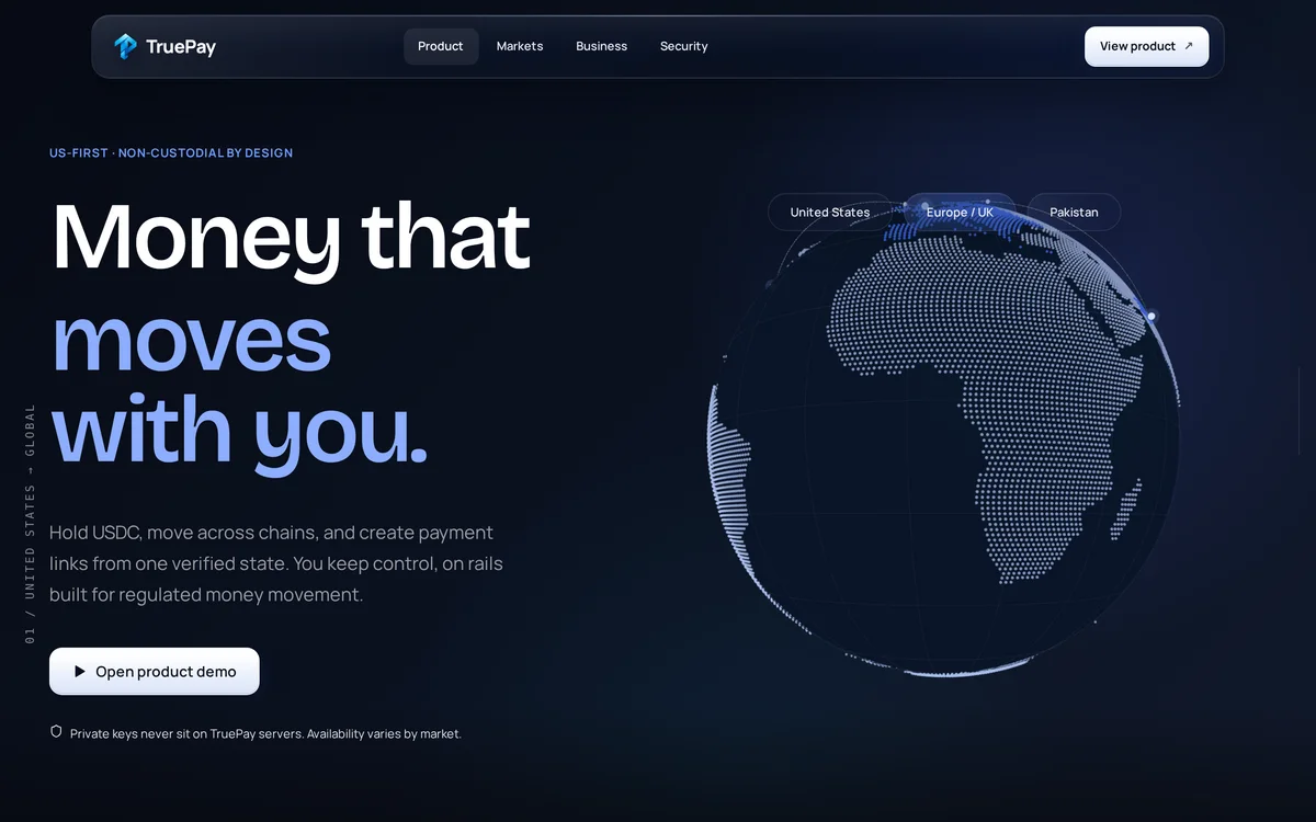 TruePay: money that moves with you, beside a dotted globe of supported markets
