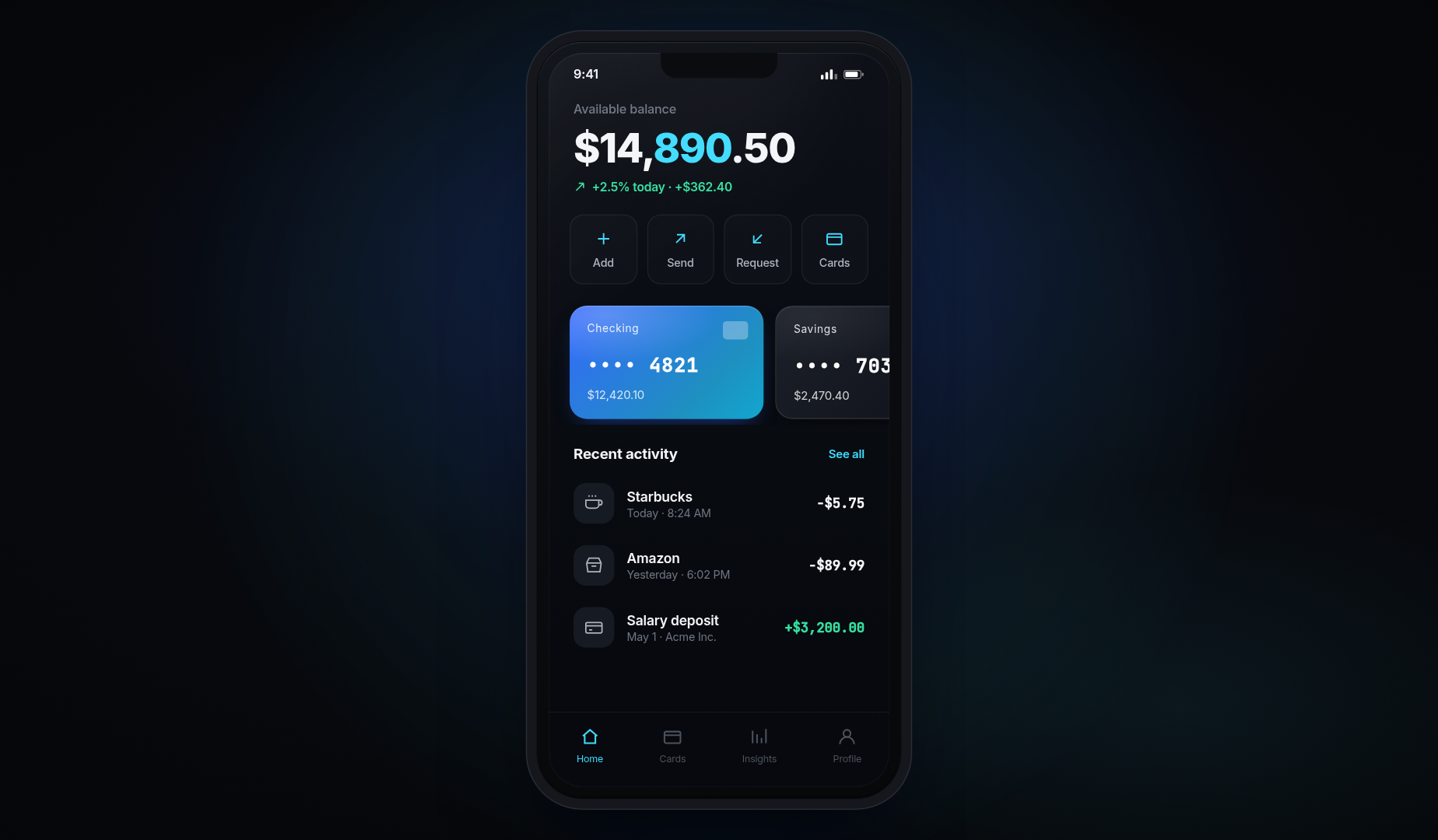 Veyra mobile banking app for iOS with real-time balances